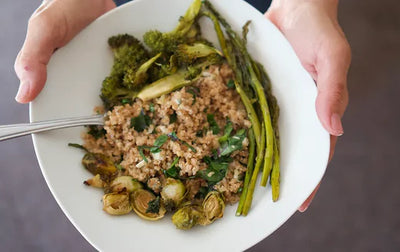 GORGONZOLA GRITS WITH ROASTED GREEN VEGETABLES